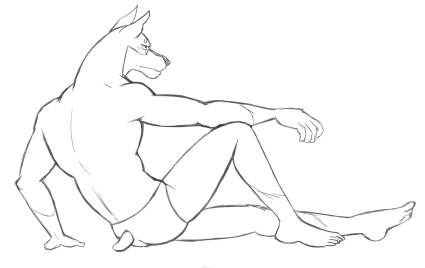 anthro barefoot black_and_white briefs butt canid canine canis clothed clothing dobermann domestic_dog facing_rear feet hand_on_ground male mammal monochrome pinscher short_tail simple_background sitting sketch solo thegreatmatsutzu topless underwear white_background