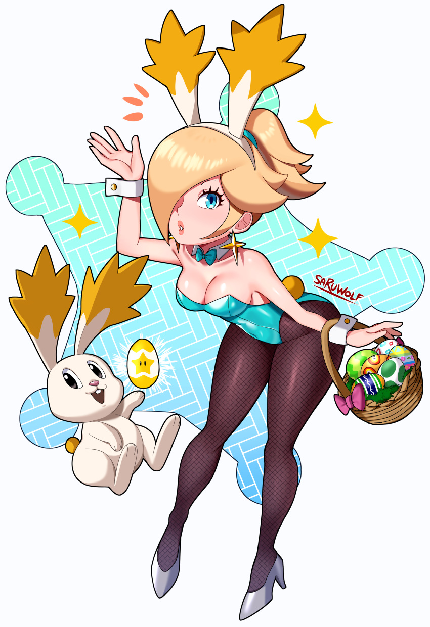 1girl absurdres animal_ears basket blonde_hair blue_eyes bow bowtie breasts bunny bunny_ears bunny_tail cleavage collarbone cuffs earrings easter_egg egg eyelashes fire_flower full_body high_heels highres jewelry looking_at_viewer mario_(series) one_eye_covered playboy_bunny ponytail rosalina sarukaiwolf signature sleeveless standing star_(symbol) star_bunnies star_earrings super_mario_galaxy tail thighhighs thighs yoshi_egg