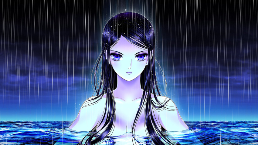 1girl black_hair blue_sky breasts commentary_request dark_sky highres italian_commentary long_hair marco_albiero medium_breasts mortebianca partially_submerged pink_lips purple_eyes rain sky solo upper_body