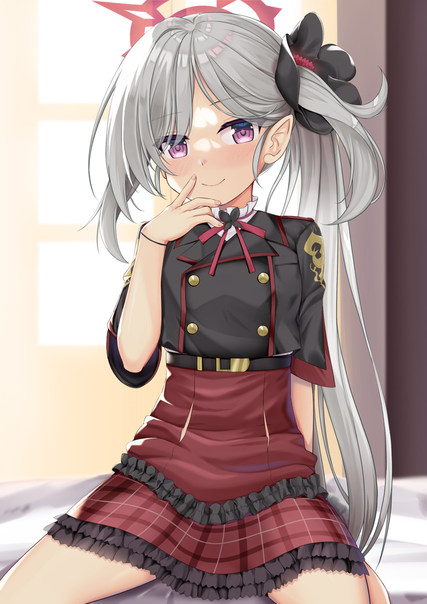 1girl bangs black_flower black_jacket blue_archive blush closed_mouth commentary eyebrows_visible_through_hair eyes_visible_through_hair flower frilled_skirt frills grey_hair hair_flower hair_ornament halo hand_up highres jacket long_hair looking_at_viewer mutsuki_(blue_archive) niiya parted_bangs pointy_ears purple_eyes red_skirt shirt short_sleeves side_ponytail skirt smile solo very_long_hair white_shirt window