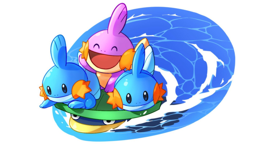 afloat alternate_color blue_eyes closed_eyes closed_mouth commentary_request gen_3_pokemon lotad mudkip no_humans open_mouth pokemon pokemon_(creature) punico_(punico_poke) riding_pokemon ripples shiny_pokemon smile swimming tongue water |d