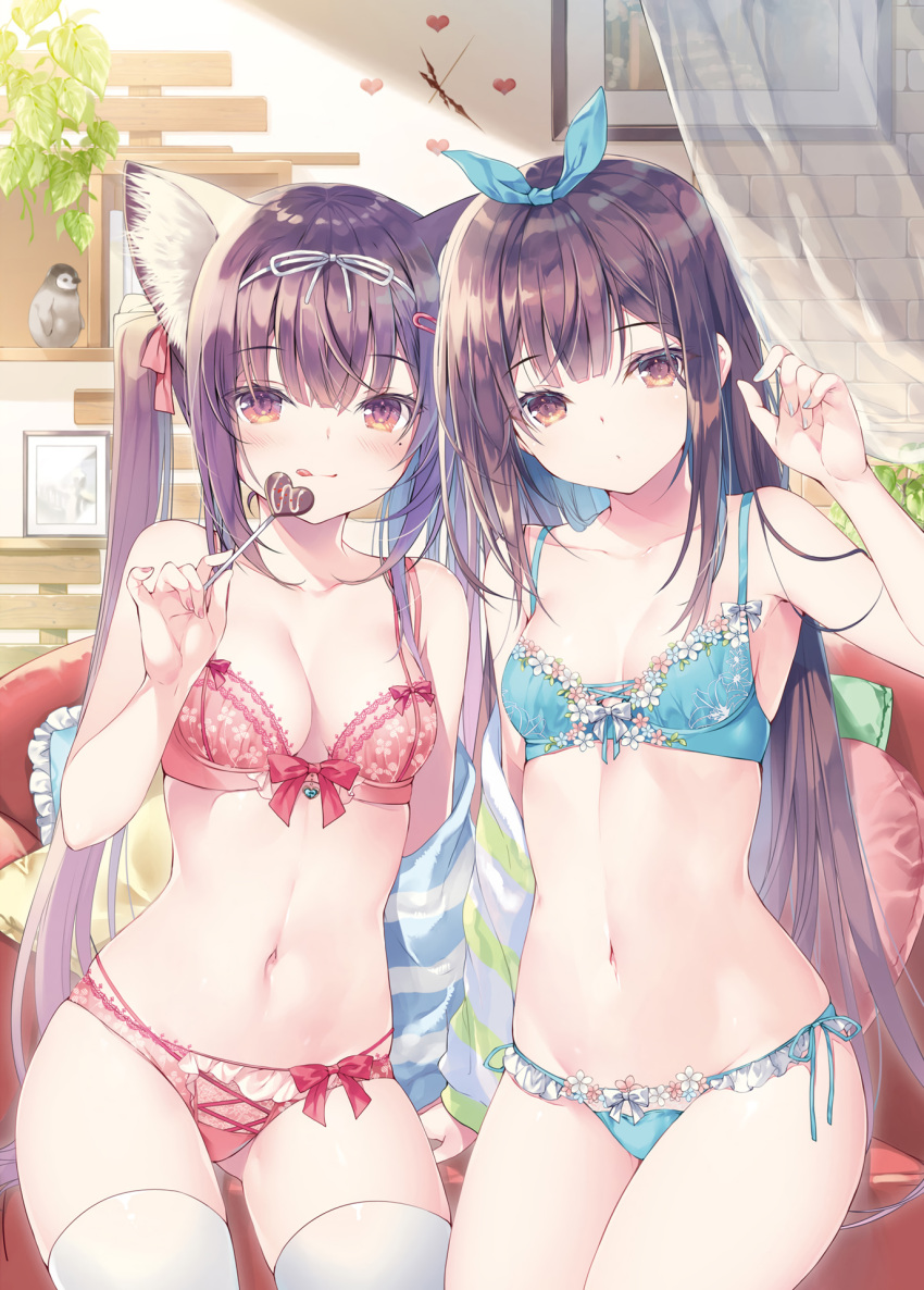 2girls :3 :q animal_ear_fluff animal_ears arm_up armpits ass_visible_through_thighs bare_shoulders bird black_hair blue_bra blue_panties bow bow_bra bow_panties bra breasts brown_eyes candy cat_ears chocolate cleavage collarbone cowboy_shot detexted food front-tie_bra front-tie_top groin hair_ornament hair_ribbon hairclip highres holding lace-trimmed_bra lace-trimmed_panties lace_trim lingerie lollipop long_hair looking_at_viewer medium_breasts miwabe_sakura mole mole_under_eye multiple_girls nail_polish navel non-web_source original panties penguin red_bra red_panties ribbon side-tie_panties sidelocks standing stomach thighhighs thighs third-party_edit tongue tongue_out underwear underwear_only very_long_hair white_legwear