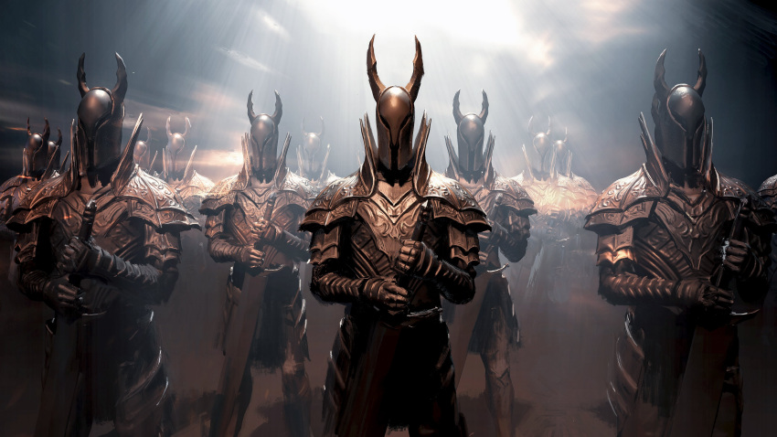 6+boys absurdres armor black_knight_(dark_souls) breastplate dark_souls english_commentary faulds full_armor gauntlets gazedsoul helmet highres holding holding_weapon horned_helmet knight multiple_boys pauldrons shoulder_armor souls_(from_software) standing sword weapon