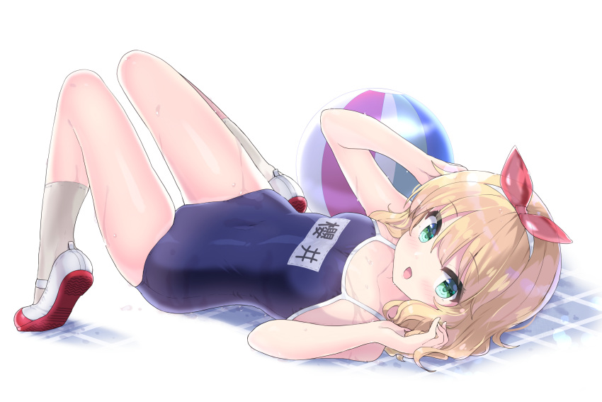 1girl ball bare_legs bare_shoulders beachball blonde_hair competition_school_swimsuit covered_navel eyebrows_visible_through_hair green_eyes hair_ornament hair_ribbon highres idolmaster idolmaster_cinderella_girls ktsecond looking_at_viewer lying name_tag on_back one-piece_swimsuit ribbon sakurai_momoka school_swimsuit shoes short_hair simple_background solo swimsuit taut_clothes taut_swimsuit tiles uwabaki wavy_hair white_background white_legwear