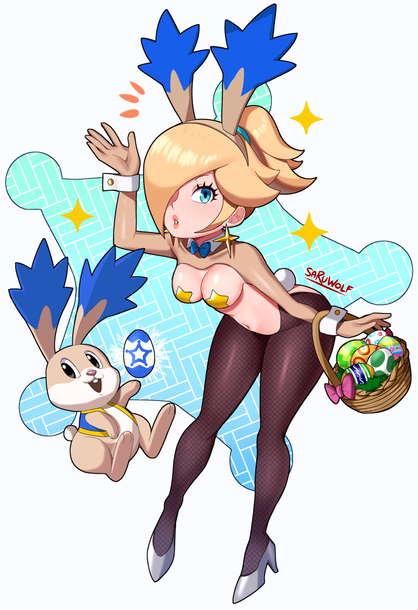1girl absurdres animal_ears basket blonde_hair blue_eyes bow bowtie breasts bunny bunny_ears bunny_tail cleavage colored_skin cuffs earrings egg eyelashes fire_flower full_body headband high_heels highres jewelry looking_at_viewer mario_(series) meme_attire one_eye_covered playboy_bunny ponytail reverse_bunnysuit reverse_outfit rosalina sarukaiwolf signature sleeves standing star_(symbol) star_bunnies star_earrings super_mario_galaxy tail thighhighs white_skin yoshi_egg