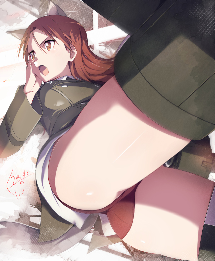 1girl animal_ears ass brown_hair buttons dated dog_ears dog_tail double-breasted dutch_angle highres jet_yowatari long_hair minna-dietlinde_wilcke open_mouth panties red_eyes red_hair red_panties solo strike_witches striker_unit tail thighs underwear world_witches_series