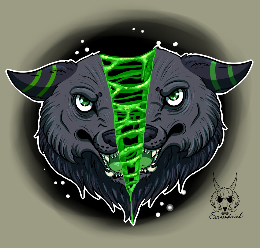 absurd_res angry anthro bodily_fluids candy_gore canid canine canis dragon fur goo_(disambiguation) gore growling head_shot hi_res hybrid looking_at_viewer male mammal open_mouth samadriel simple_background solo voldrak wolf