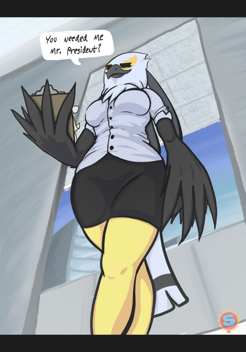 2018 absurd_res accipitriform aggressive_retsuko anthro avian big_breasts bird breasts clipboard clothed clothing curvy_figure dialogue doorway english_text eyes_closed feathers female grey_body grey_feathers hi_res low-angle_view multicolored_body multicolored_feathers non-mammal_breasts office sanrio secretary_bird secretary_washimi solo styledfawn476 tail_feathers text thick_thighs white_body white_feathers wide_hips worm's-eye_view yellow_body yellow_feathers