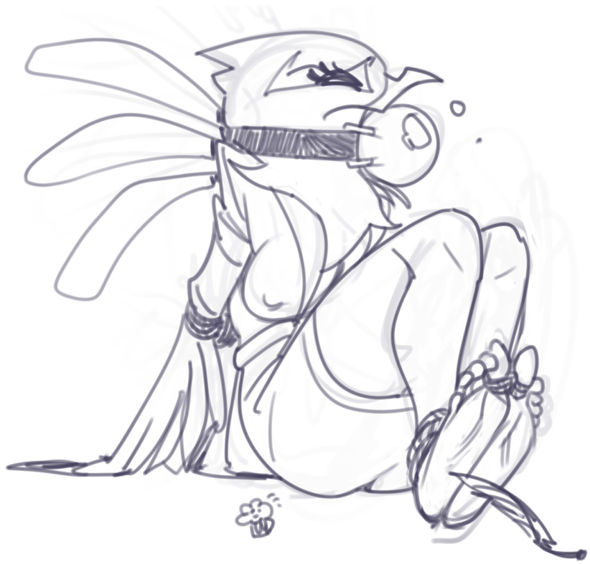 accipitriform aggressive_retsuko anthro avian ball_gag bdsm bird bondage bound eyes_closed feathers female gag hi_res monochrome oddjuice rope rope_bondage sanrio secretary_bird secretary_washimi sitting solo tickling toes_tied