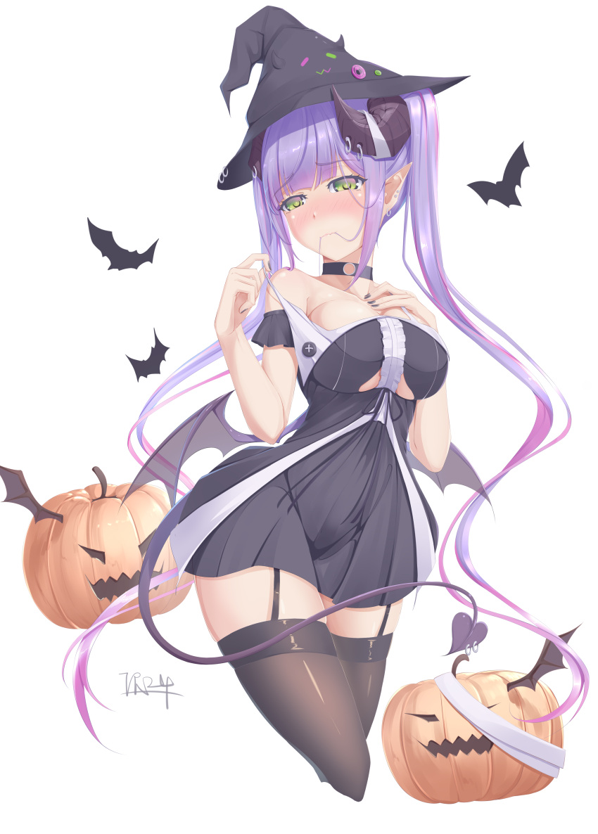 1girl absurdres alternate_breast_size bare_shoulders bat_wings bibi_(tokoyami_towa) black_dress black_headwear black_legwear blush breasts center_frills choker clothing_cutout contrapposto cropped_legs curled_horns demon_girl demon_horns demon_tail dress ear_piercing embarrassed frills garter_straps green_eyes hair_in_mouth hair_ornament hairclip halloween hat highres hololive horn_piercing horns jack-o'-lantern large_breasts looking_at_viewer low_wings mini_hat multicolored_hair narrow_waist o-ring o-ring_choker piercing pointy_ears purple_hair short_dress sidelocks skin_tight solo spaghetti_strap strap_pull streaked_hair tail thighhighs tokoyami_towa tr24 twintails underboob_cutout undressing virtual_youtuber wide_hips wings witch_hat