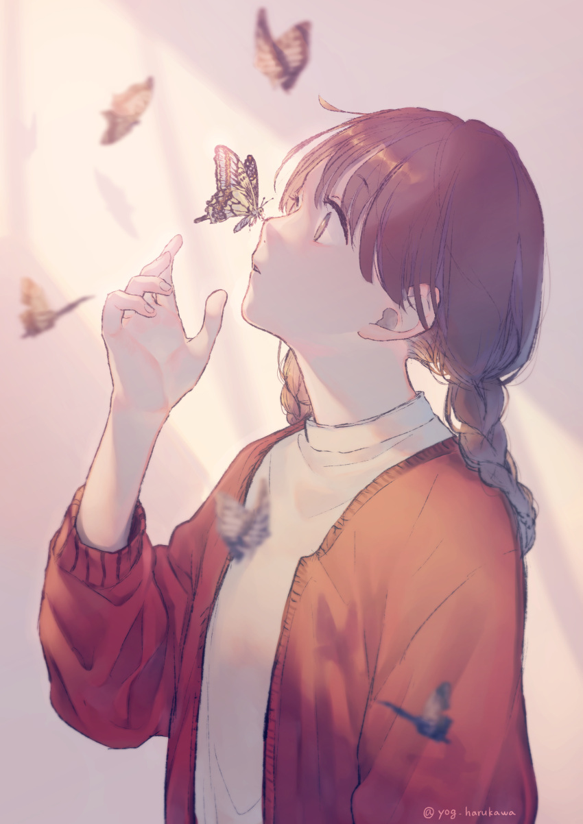 1girl absurdres bangs blush braid brown_eyes brown_hair bug butterfly butterfly_on_nose ears eyebrows_visible_through_hair from_side highres insect jacket long_hair original shirt sleeves solo standing twin_braids yog_harukawa