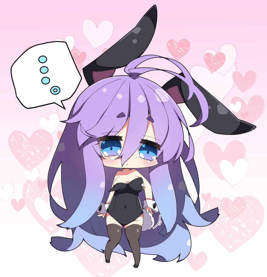 ... 1girl animal_ears antenna_hair bangs bare_shoulders big_head black_footwear black_legwear black_leotard blue_eyes blue_hair breasts bunny_ears bunny_tail chibi commentary_request covered_navel eyebrows_visible_through_hair full_body fuyou-chan gradient gradient_background gradient_hair hair_between_eyes heart heart_background highres large_breasts leotard milkpanda multicolored_hair original pink_background playboy_bunny purple_hair short_eyebrows solo spoken_ellipsis standing strapless strapless_leotard tail thick_eyebrows thighhighs white_background wrist_cuffs