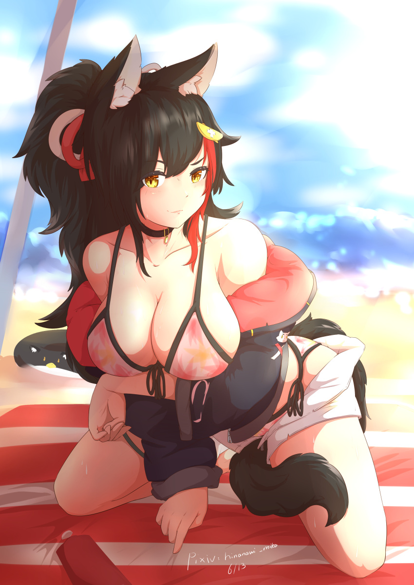 1girl absurdres animal_collar animal_ears arm_support arm_under_breasts bare_shoulders beach beach_mat beach_umbrella bikini black_collar breast_hold breasts cleavage collar collarbone dated flipped_hair hair_ornament hairclip high_ponytail highlights highres hinanawi_mika hololive hood hooded_jacket jacket kneeling large_breasts long_hair looking_at_viewer multicolored_hair official_alternate_costume ookami_mio pink_bikini raised_eyebrow red_hair shorts smug solo summer swimsuit swimwear tail tail_around_leg tail_wrap umbrella virtual_youtuber white_shorts wolf_ears wolf_girl wolf_tail yellow_eyes