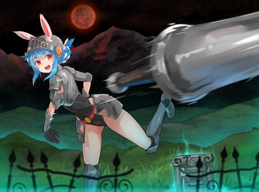 1girl animal_ear_fluff animal_ears armor belt black_leotard blue_hair braid braided_bun breastplate bunny-shaped_pupils bunny_ears eyebrows_visible_through_hair faulds fence gauntlets glowing grass greaves helmet highres hill hololive hololive_fantasy lance leotard long_hair looking_at_viewer makaimura metal moon mountain multicolored_hair night night_sky open_mouth orange_eyes outdoors polearm rabbit_girl red_moon shin_guards short_eyebrows shoulder_armor sir_arthur_(makaimura) sky smile solo spaulders thick_eyebrows throwing tombstone upper_teeth usada_pekora virtual_youtuber visor_(armor) weapon white_hair ykhiroartwok