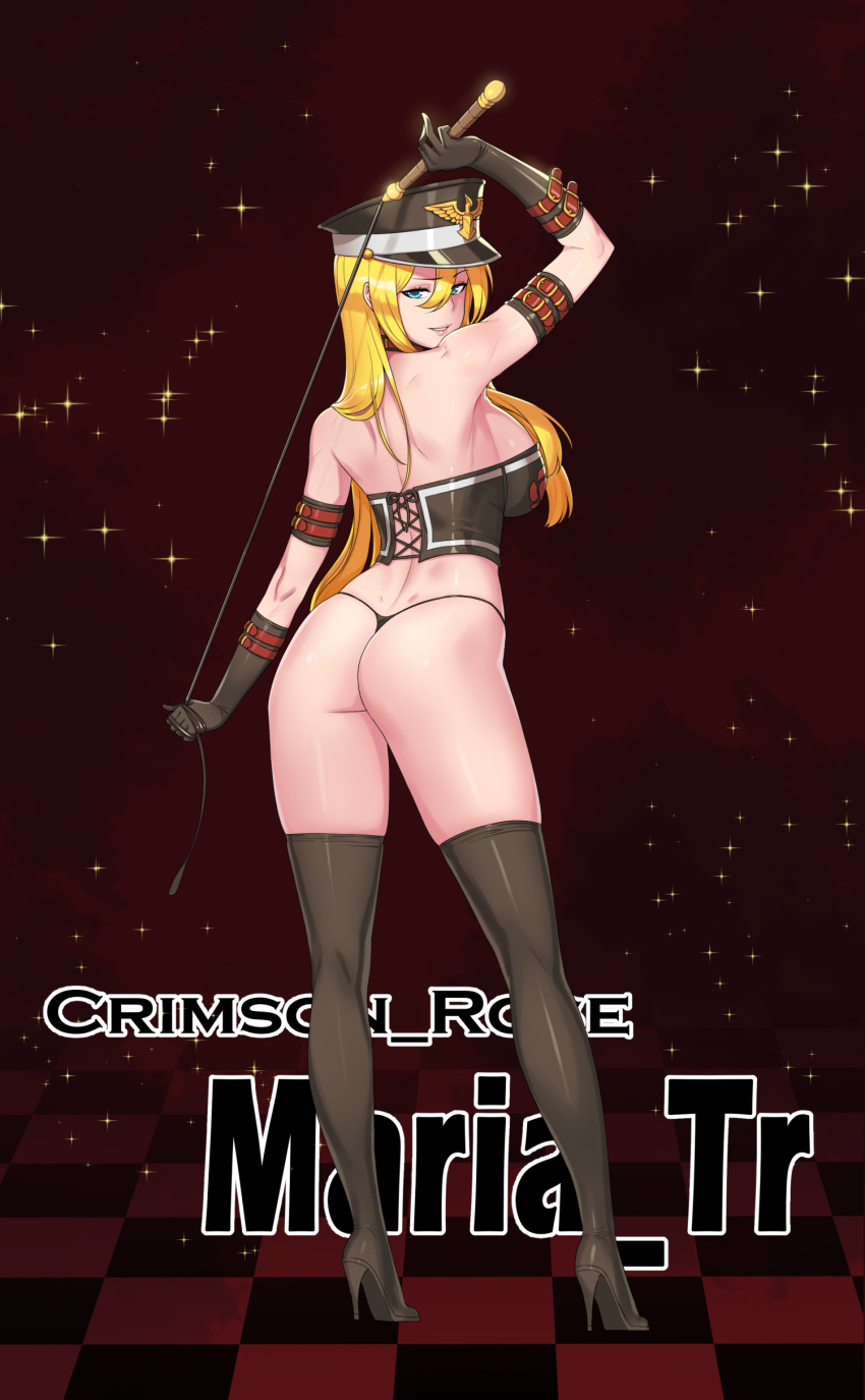 1girl absurdres ass bangs black_gloves blonde_hair blue_eyes boots breasts dungeon_and_fighter elbow_gloves female_gunner_(dungeon_and_fighter) from_behind gloves hat high_heel_boots high_heels highres holding holding_weapon holding_whip kim_jin_sung long_hair looking_at_viewer maria_tr military_hat smile weapon whip