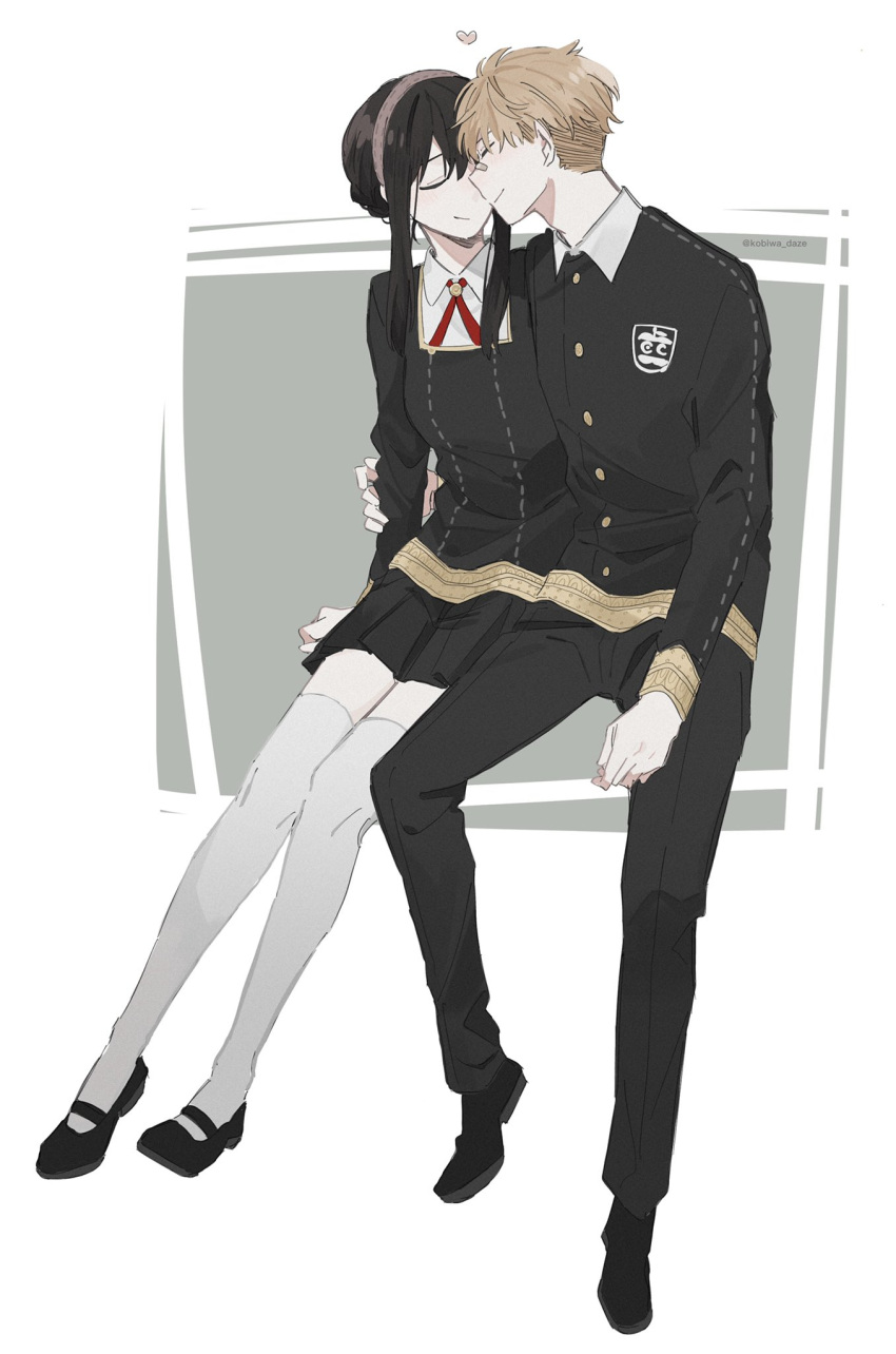 1boy 1girl alternate_costume arm_around_waist bandaid bandaid_on_nose black_footwear black_hair black_pants black_shirt black_skirt blonde_hair blush breasts closed_eyes closed_mouth collared_shirt commentary couple full_body grey_background hair_between_eyes hair_bun heart hetero highres invisible_chair kobiwa long_sleeves mary_janes medium_breasts medium_hair miniskirt neck_ribbon nuzzle pants pleated_skirt red_neckwear red_ribbon ribbon school_uniform shirt shoes short_hair side-by-side sidelocks simple_background sitting skirt smile spy_x_family symbol_commentary tasogare_(spy_x_family) thighhighs twitter_username white_legwear white_shirt yoru_briar zettai_ryouiki