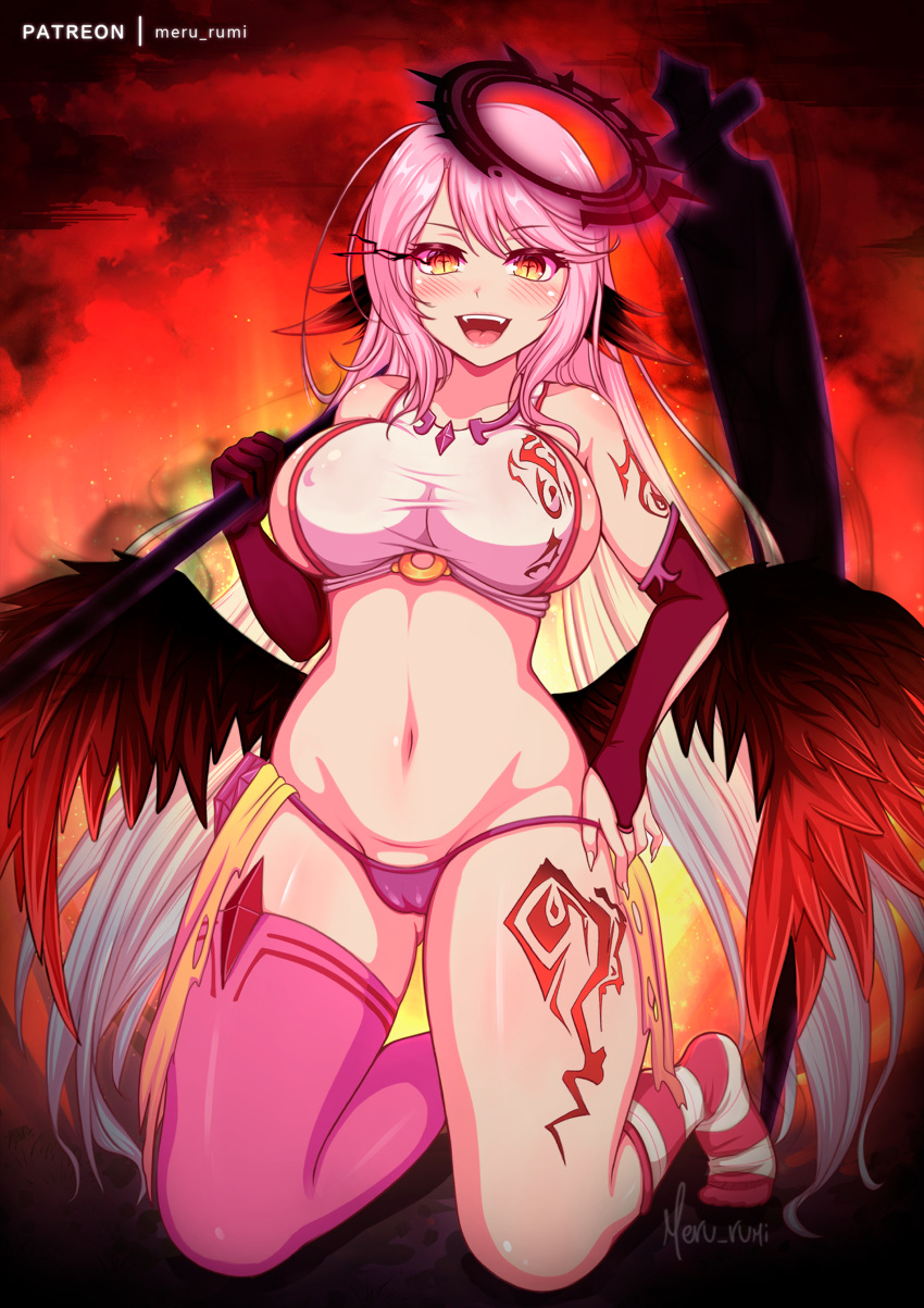 +_+ 1girl :d arm_tattoo ass_visible_through_thighs bangs bare_shoulders black_gloves black_panties black_wings blush breasts bridal_gauntlets cameltoe collarbone commentary_request covered_nipples crop_top cross dark_persona elbow_gloves evil_smile eyebrows_visible_through_hair fangs feathered_wings full_body gloves glowing glowing_eye gradient gradient_background gradient_eyes gradient_hair gradient_wings groin hair_between_eyes halo highres holding holding_scythe jibril_(no_game_no_life) kneehighs kneeling large_breasts leg_tattoo long_hair looking_at_viewer low_wings meru_rumi midriff mismatched_legwear multicolored multicolored_eyes multicolored_hair multicolored_wings navel no_game_no_life open_mouth panties patreon_username pink_hair pink_legwear red_background red_wings sarong scythe shirt sidelocks signature single_bridal_gauntlet single_elbow_glove single_kneehigh single_thighhigh skindentation sleeveless sleeveless_shirt smile solo striped striped_legwear swept_bangs symbol-shaped_pupils tattoo taut_clothes taut_shirt thighhighs torn_clothes torn_sarong underwear very_long_hair white_shirt wing_ears wings yellow_eyes