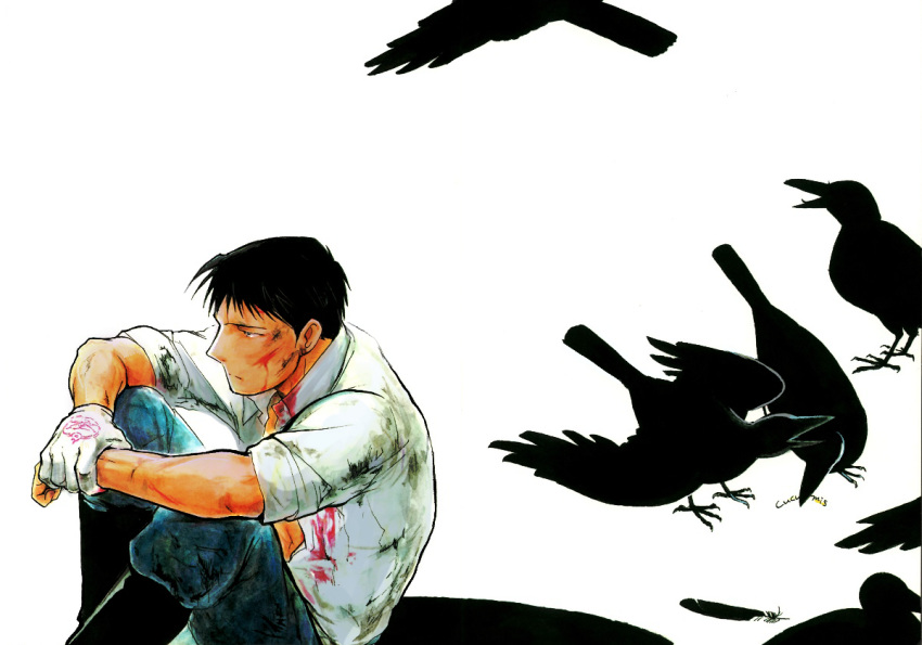 1boy ankle_boots artist_name bird black_eyes black_feathers black_footwear black_hair blood blood_on_face bloody_clothes boots closed_mouth collared_shirt crow cuts dirty dirty_clothes expressionless feathers feet_out_of_frame from_above fullmetal_alchemist gloves half-closed_eyes hand_on_own_wrist high_collar injury jitome knees_to_chest looking_afar male_focus navel pants partially_unbuttoned profile roy_mustang scratches shirt short_sleeves simple_background single_glove sitting spiked_hair stomach urikurage white_background white_gloves white_shirt wide_shot