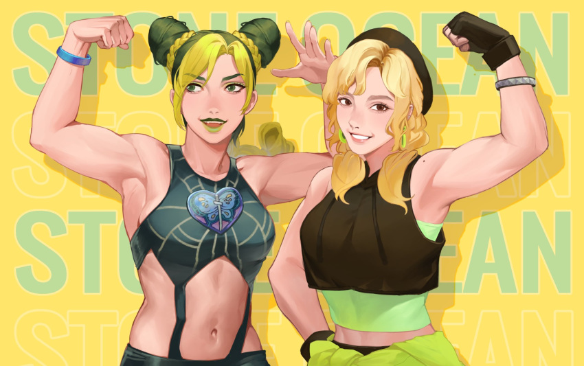 2girls bangs black_hair blonde_hair blue_eyes blue_hair blunt_bangs blush braid brooch cao_hong_anh double_bun fairouz_ai green_eyes green_hair hair_cones halter_top halterneck highres jewelry jojo_no_kimyou_na_bouken kujo_jolyne lipstick looking_at_viewer makeup midriff multicolored_hair multiple_girls navel_piercing piercing ponytail real_life seiyuu_connection stone_ocean tattoo two-tone_hair