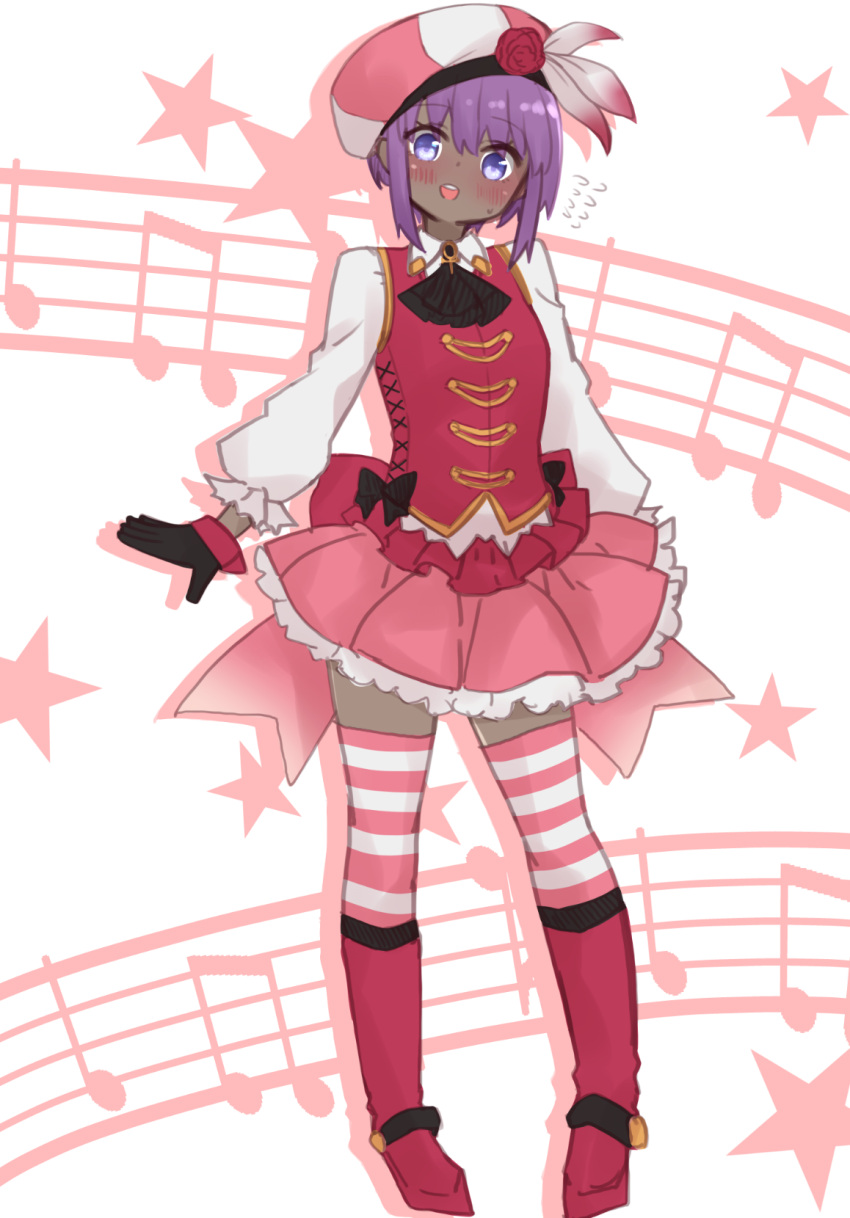 1girl :d ascot bangs beamed_eighth_notes beret black_gloves black_neckwear blush boots collared_shirt colored_shadow cosplay dark_skin dark_skinned_female drop_shadow eighth_note eyebrows_visible_through_hair fate/grand_order fate/prototype fate/prototype:_fragments_of_blue_and_silver fate_(series) flower flying_sweatdrops frilled_skirt frills full_body gloves hair_between_eyes hassan_of_serenity_(fate) hat hat_flower helena_blavatsky_(fate) helena_blavatsky_(fate)_(cosplay) highres i.u.y knee_boots long_sleeves lostroom_outfit_(fate) musical_note open_mouth pink_skirt pleated_skirt puffy_long_sleeves puffy_sleeves purple_eyes purple_hair quarter_note red_flower red_footwear red_rose red_vest rose shadow shirt skirt smile solo striped striped_legwear thighhighs thighhighs_under_boots upper_teeth vest white_background white_shirt