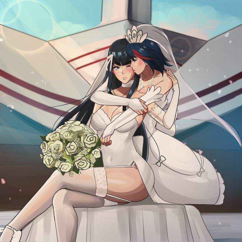 black_hair bouquet breasts bridal_gauntlets bridal_veil cheek_kiss cleavage detached_sleeves dress flower garter_straps globburt highres hug hug_from_behind jewelry kill_la_kill kiryuuin_satsuki kiss long_hair matoi_ryuuko multicolored_hair necklace short_hair sitting streaked_hair thighhighs veil wedding_dress white_dress wife_and_wife yuri