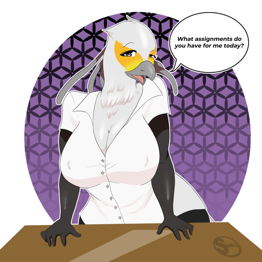 2018 accipitriform aggressive_retsuko anthro avian bedroom_eyes big_breasts bird breasts cleavage clothed clothing desk dialogue digital_media_(artwork) english_text female furniture hi_res looking_at_viewer narrowed_eyes nipple_outline non-mammal_breasts sanrio secretary_bird secretary_washimi seductive signature solo suki262 text