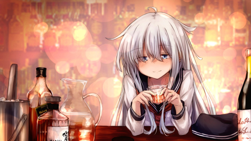 1girl alcohol black_headwear black_sailor_collar blue_eyes bottle commentary_request flat_cap glass hat hibiki_(kancolle) highres ice_bucket kantai_collection kuuru_(kuuru-n) long_hair looking_at_viewer object_namesake pitcher sailor_collar school_uniform serafuku silver_hair smile solo tongs upper_body whiskey