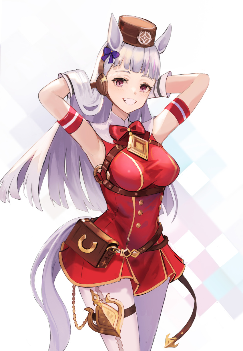 absurdres animal_ears armpits arms_behind_head arms_up breasts dress ema_(kuguiema) feet_out_of_frame gold_ship_(umamusume) hair_ribbon hat highres horse_ears horse_tail large_breasts long_hair red_dress ribbon tail umamusume white_hair white_legwear