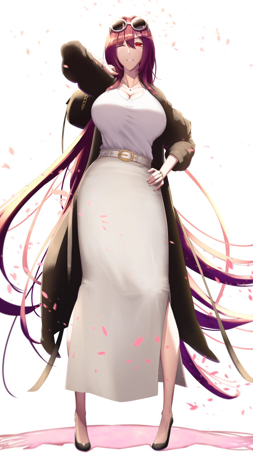 1girl absurdres arm_up bag belt breasts casual cherry_blossoms cleavage commentary_request eyewear_on_head fanbox fate/grand_order fate_(series) hair_intakes handbag high_heels highres jacket jewelry large_breasts long_hair long_skirt long_sleeves necklace one_eye_closed purple_hair red_eyes scathach_(fate) scathach_(fate)_(all) shiroshisu simple_background skirt smile solo sunglasses very_long_hair