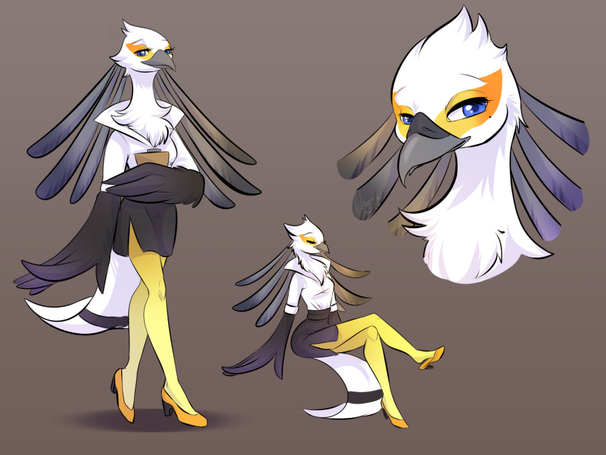 accipitriform aggressive_retsuko anthro arinadler avian beauty_mark bird bust_portrait clipboard crossed_legs eyes_closed female half-closed_eyes hi_res high_heels looking_at_viewer narrowed_eyes portrait sanrio secretary_bird secretary_washimi simple_background solo