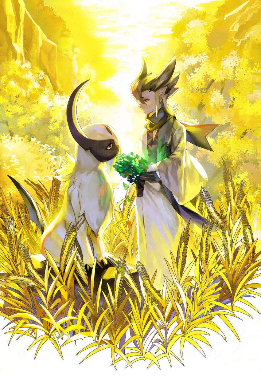 1boy absol bangs black_hair black_scarf closed_mouth commentary_request day from_side gen_3_pokemon grimsley_(pokemon) highres holding male_focus outdoors pokemon pokemon_(creature) pokemon_(game) pokemon_sm scarf smile spiked_hair standing wide_sleeves yamanashi_taiki