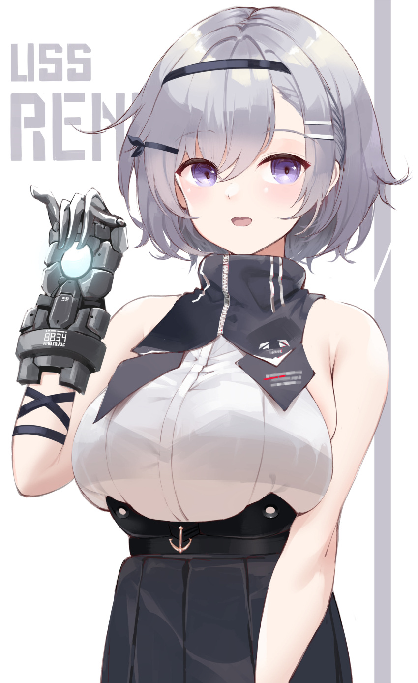 1girl :d absurdres anchor_symbol armpit_crease azur_lane bangs bare_shoulders black_bra black_hairband black_skin blush bra bra_through_clothes breasts character_name colored_skin commentary detached_collar eyebrows_visible_through_hair grey_hair hair_between_eyes hair_ornament hairband hairclip hand_up high-waist_skirt highres large_breasts looking_at_viewer metal_gloves open_mouth parted_hair purple_eyes reno_(azur_lane) sakkama see-through shirt short_hair sidelocks skirt sleeveless sleeveless_shirt smile solo standing strapless strapless_bra underwear upper_body white_background white_shirt