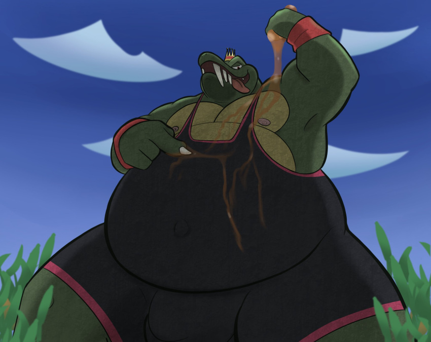 2020 4_fingers anthro areola bedroom_eyes belly beverage biceps big_belly bulge claws clothed clothing cloud cosplay crocodile crocodilian crocodylid crossover crossover_cosplay crown day detailed_background digital_media_(artwork) dippubear donkey_kong_(series) fangs finger_claws fingers grass hi_res holding_beverage holding_object king king_k._rool kremling low-angle_view male musclegut muscular muscular_anthro muscular_male narrowed_eyes navel navel_outline nintendo nipples open_mouth open_smile outie_navel outside overweight overweight_anthro overweight_male pecs pink_areola pink_nipples pink_tongue plant pouring reptile ring_fit_adventure royalty scalie seductive sharp_teeth sky smile solo teeth tongue tongue_out video_games white_claws worm's-eye_view wrestling_singlet