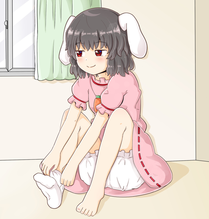 1girl animal_ears bad_feet bangs barefoot black_hair blush bunny_ears carrot_necklace closed_mouth commentary_request curtains dress eyebrows_visible_through_hair flat_chest floppy_ears half-closed_eyes highres inaba_tewi indoors jitome knees_up looking_to_the_side pink_dress puffy_short_sleeves puffy_sleeves red_eyes ribbon-trimmed_dress rozugadena shadow short_hair short_sleeves sitting smile sock_pull solo toenails toes touhou wall white_bloomers white_legwear window