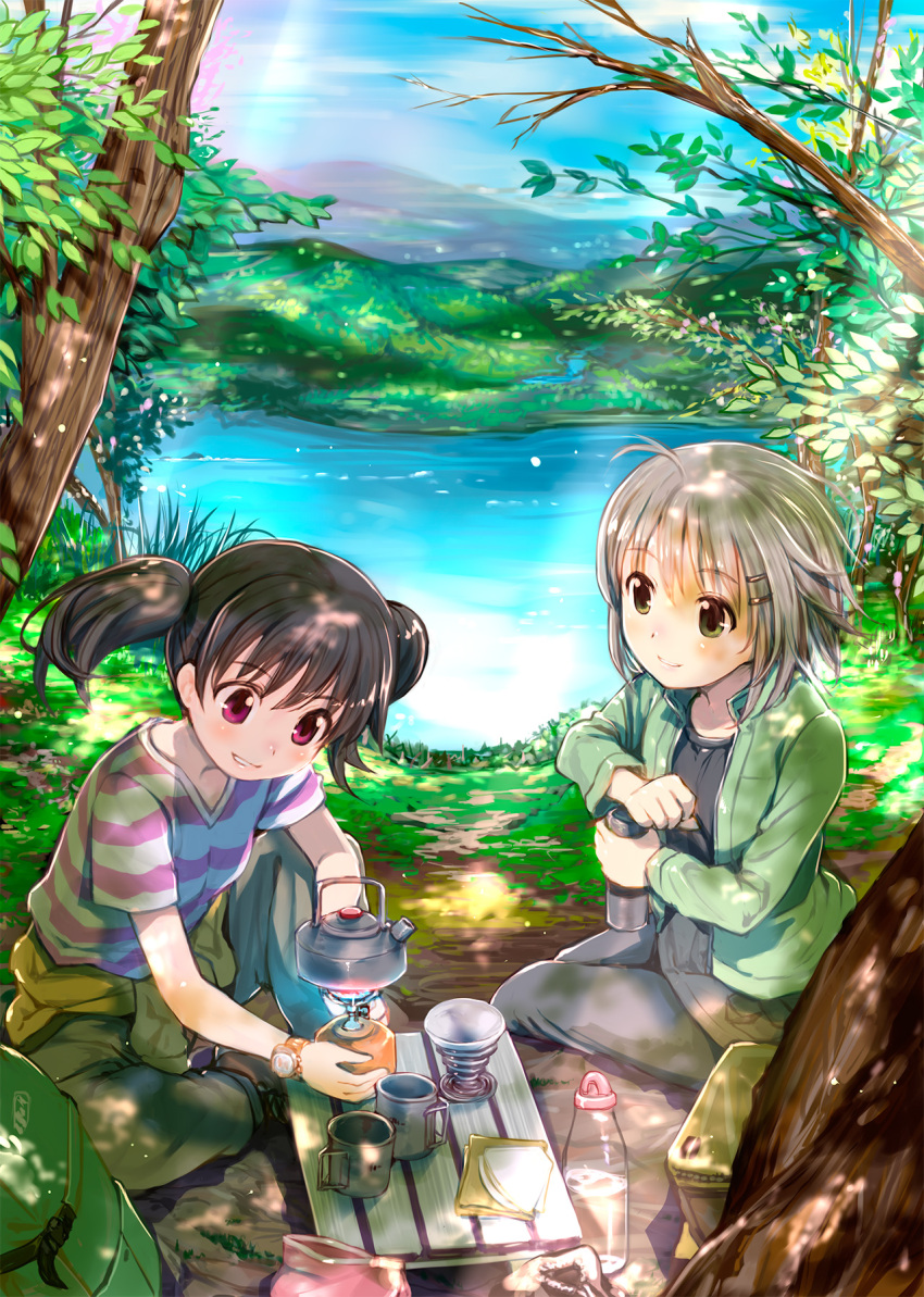 1girl 2girls ahoge backpack backpack_removed bag bangs black_hair black_shirt boots bottle brown_footwear camping clothes_around_waist coffee coffee_filter cooking cup day foliage funnel grass green_eyes green_jacket green_pants grey_hair grey_pants hair_ornament hairclip highres holding_thermos jacket jacket_around_waist kettle kuraue_hinata lake light_rays lunchbox mikazuki_akira! multiple_girls napkin on_ground opening outdoors pants pink_shirt purple_eyes shirt short_hair short_twintails sitting sky smile stove striped striped_shirt sunbeam sunlight teapot thermos tree tree_branch twintails two-tone_shirt watch water white_shirt wristwatch yama_no_susume yellow_jacket yukimura_aoi