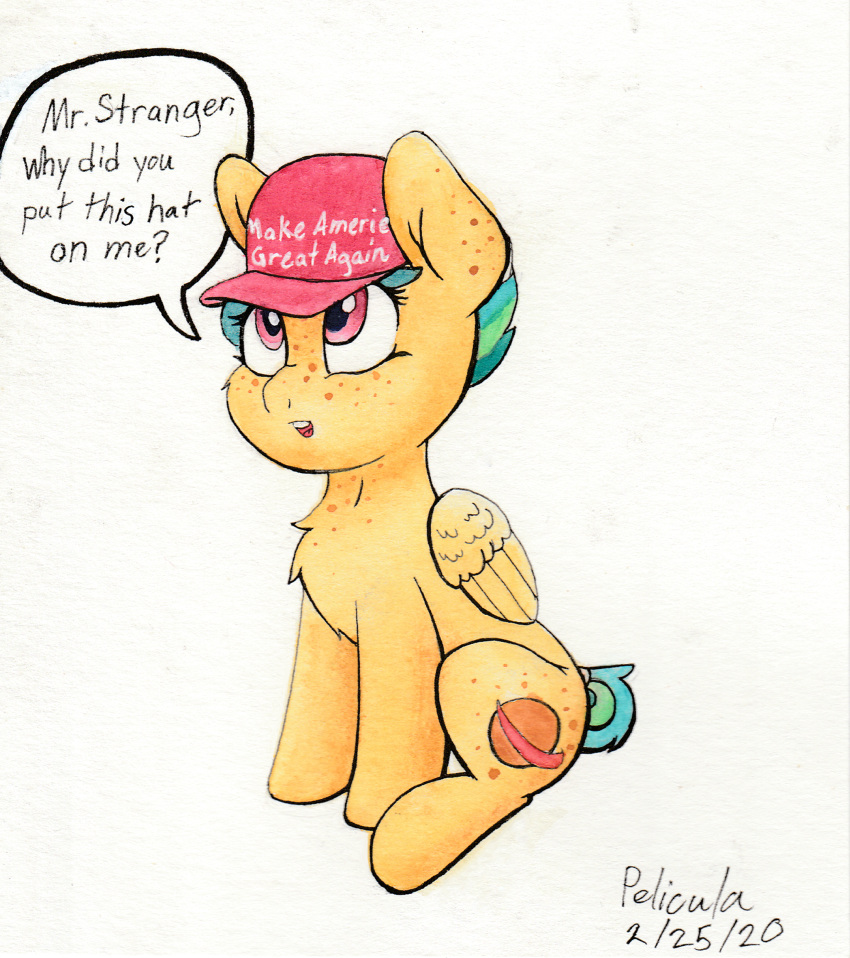 apogee clothing cutie_mark equid equine fan_character female feral freckles hasbro hat headgear headwear hi_res horse maga_hat mage_hat mammal my_little_pony open_mouth painting_(artwork) pegasus politics pony solo speech_bubble the_weirdo traditional_media_(artwork) watercolor_(artwork) wings young