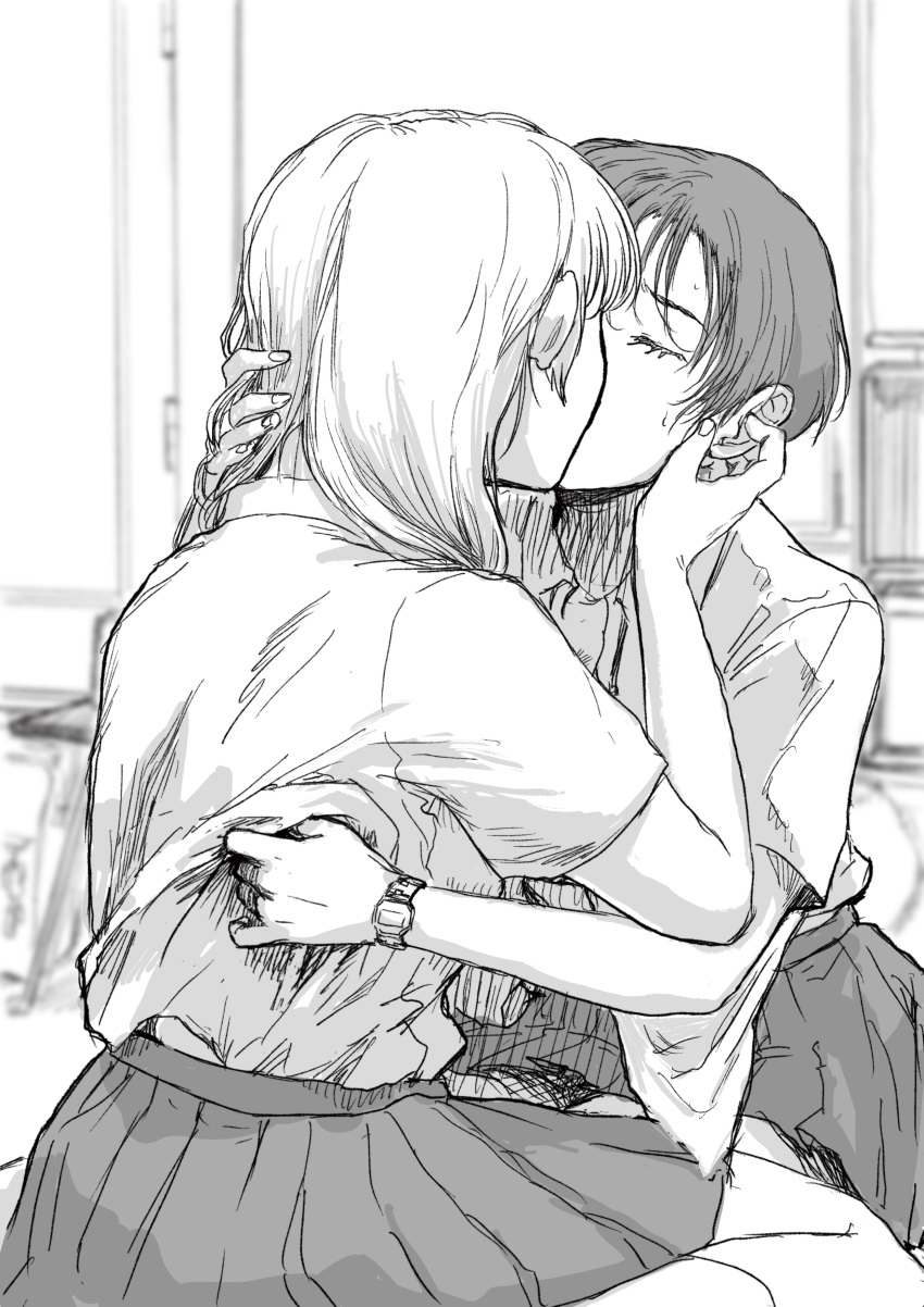 2girls absurdres closed_eyes goto_(demodatte_nanka) greyscale hand_in_another's_hair hand_on_another's_back highres kiss long_hair monochrome multiple_girls original school_uniform short_hair sitting sketch yuri