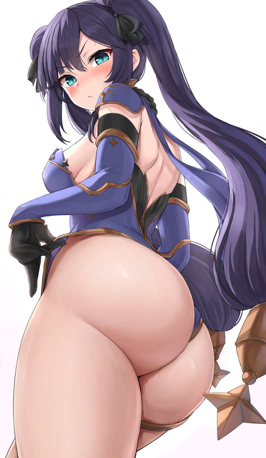 1girl absurdres adjusting_clothes ass back black_gloves black_hair blue_leotard breasts detached_sleeves elbow_gloves fur_collar genshin_impact gloves gold_trim green_eyes highleg highleg_leotard highres leotard long_hair looking_at_viewer looking_back medium_breasts mona_(genshin_impact) no_hat no_headwear oxenia solo thighlet thighs twintails