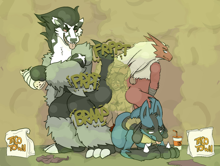 all_fours anthro blaziken colored crouching digital_drawing_(artwork) digital_media_(artwork) fart fart_bukkake fart_cloud fart_fetish farting_on_face group hi_res human human_on_anthro interspecies lucario male male/male mammal nintendo obstagoon onomatopoeia oversheep plantigrade pok&eacute;mon pok&eacute;mon_(species) pok&eacute;philia smelly sound_effects text tongue tongue_out video_games