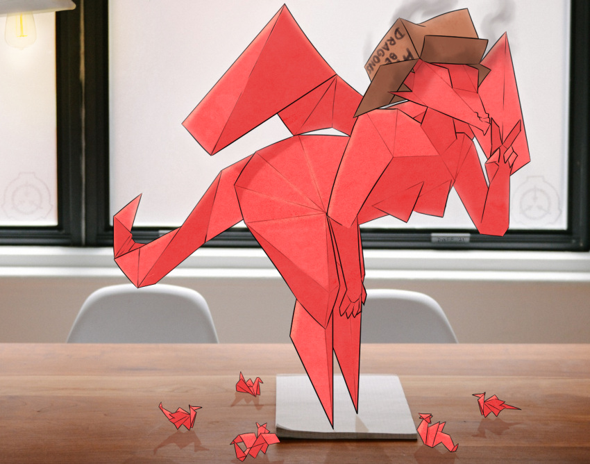 animate_inanimate anthro cardboard_box desk dragon dunewulff eyeless female furniture group office origami paper papercraft scp-1762 scp_foundation smoke