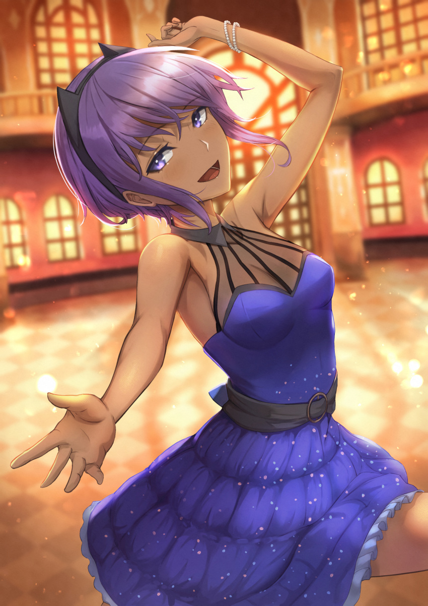 1girl announ_(kurotya) arm_up bangs bare_shoulders belt blue_dress breasts cleavage commentary_request dancing dark_skin dark_skinned_female dress eyebrows_visible_through_hair fate/grand_order fate/prototype fate/prototype:_fragments_of_blue_and_silver fate_(series) frilled_dress frills hair_between_eyes hairband hassan_of_serenity_(fate) highres indoors open_mouth outstretched_hand purple_eyes purple_hair short_hair sidelocks sleeveless sleeveless_dress small_breasts solo window