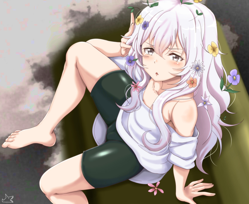 1girl barefoot bike_shorts black_shorts blush breasts cameltoe collarbone eyebrows_visible_through_hair flower grey_eyes hair_flower hair_ornament kozakura_(urasekai_picnic) long_hair looking_at_viewer messy_hair open_mouth samenoido shiny shiny_skin shirt shorts sitting small_breasts solo urasekai_picnic white_hair white_shirt