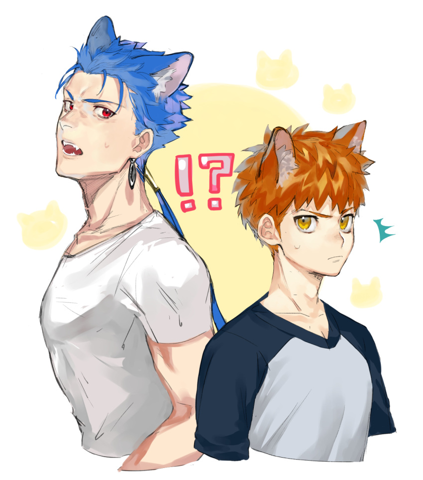 !? 2boys ^^^ animal_ears animal_print bangs black_shirt blue_hair blue_shirt bunny_print cat_ears collarbone cropped_torso cu_chulainn_(fate)_(all) earrings emiya_shirou extra_ears fangs fate/stay_night fate_(series) from_side frown grey_shirt highres jewelry kemonomimi_mode lancer long_hair long_sleeves looking_at_viewer male_focus multiple_boys muscular muscular_male open_mouth orange_hair ponytail raglan_sleeves red_eyes shirt short_hair spiked_hair suzumetarou sweat upper_body white_background yellow_background