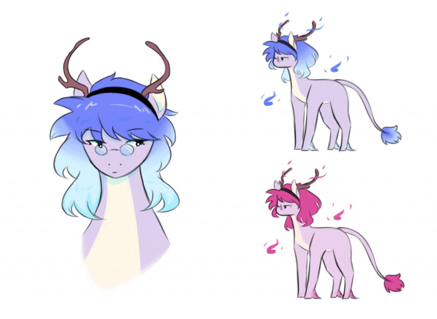 2018 ambiguous_gender asian_mythology blue_hair chinese_mythology east_asian_mythology eyewear eyewear_only female_(lore) feral glasses glasses_only hair horn kirin mythology nude pink_hair simple_background solo standing trololohstuffs unguligrade_legs white_background