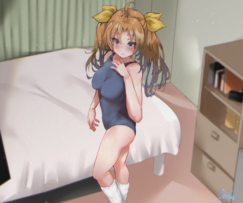 1girl ahoge artist_name bed bedroom blue_swimsuit breasts brown_hair commentary_request curtains feet_out_of_frame hair_ribbon indoors kagerou_(kancolle) kantai_collection long_hair mani_oniniku medium_breasts purple_eyes ribbon school_swimsuit shelf solo standing swimsuit twintails yellow_ribbon