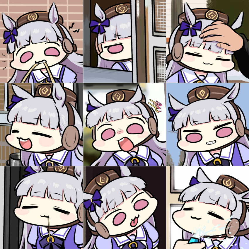 1girl :3 =_= animal_ears bangs biting blunt_bangs blush_stickers bow chart chibi closed_eyes ear_ribbon expressions gold_ship_(umamusume) grin hat highres horse_ears horse_girl hose jazz_jack lightning_bolt no_nose open_mouth peeking_out petting photo-referenced purple_eyes rope school_uniform silver_hair smile straw_(stalk) tongue tongue_out umamusume water