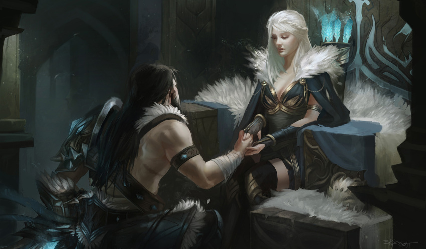 1boy 1girl arm_strap armor arrow_(projectile) bandaged_arm bandages black_hair blue_cape breasts brown_gloves cape cleavage closed_eyes closed_mouth creature facial_hair fingerless_gloves fur fur-trimmed_cape fur_trim gem gloves glowing glowing_sword glowing_weapon highres holding_hand indoors league_of_legends long_hair looking_at_another marie_magny one_knee poro_(league_of_legends) quiver scar signature single_pauldron sitting sword throne tryndamere weapon white_hair