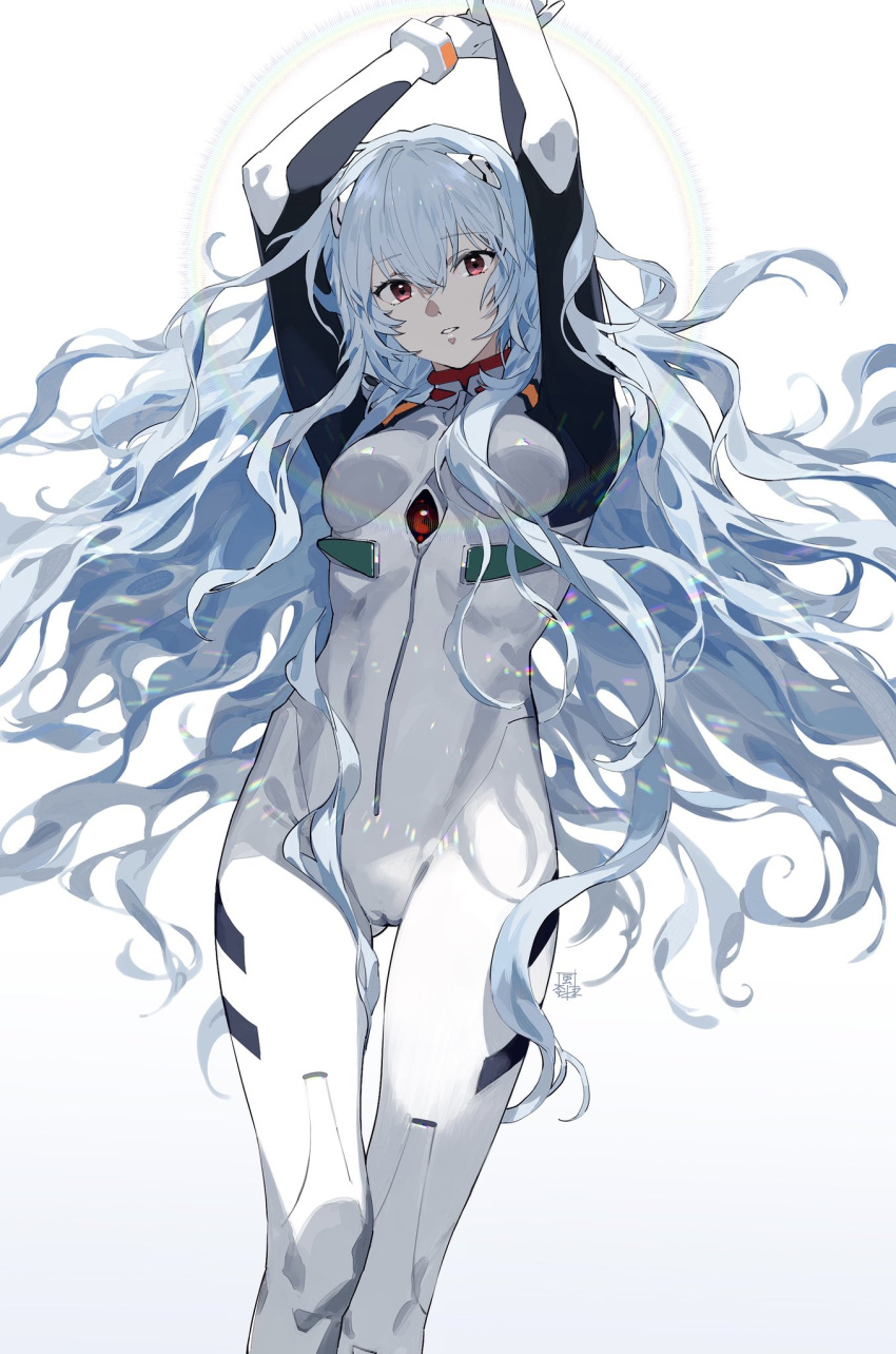 1girl alternate_hair_length alternate_hairstyle arms_up ass_visible_through_thighs ayanami_rei bangs bodysuit breasts cameltoe commentary cowboy_shot evangelion:_3.0+1.0_thrice_upon_a_time eyebrows_visible_through_hair hair_between_eyes hair_ornament highres kazari_tayu light_blue_hair long_hair looking_at_viewer medium_breasts neon_genesis_evangelion plugsuit rainbow rebuild_of_evangelion red_eyes signature simple_background skin_tight solo spoilers toned very_long_hair white_background white_bodysuit