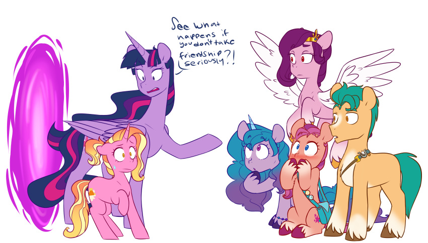 ! ? absurd_res blush cloven_hooves cutie_mark dialogue doodle-mark earth_pony equid equine feathered_wings feathers female feral friendship_is_magic fur group hair hasbro hi_res hitch_trailblazer_(mlp) hooves horn horse izzy_moonbow_(mlp) luster_dawn_(mlp) magic male mammal mlp_g5 multicolored_hair my_little_pony pegasus pipp_(mlp) pony purple_body purple_fur purple_hair saddle_bag simple_background speech_bubble sunny_starscout_(mlp) text twilight_sparkle_(mlp) two_tone_hair unicorn white_background winged_unicorn wings