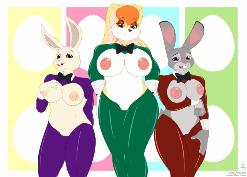 2021 anthro beastars big_breasts bow_tie breasts buckteeth clothed clothing crossover disney ears_down ears_up easter female fur genitals grey_body grey_fur group hair hand_on_breast haru_(beastars) holidays jorge-the-wolfdog judy_hopps lagomorph leporid looking_at_viewer mammal nipples orange_hair pivoted_ears pussy rabbit reverse_bunny_costume sonic_the_hedgehog_(series) standing teeth vanilla_the_rabbit white_body white_fur yellow_body yellow_fur zootopia